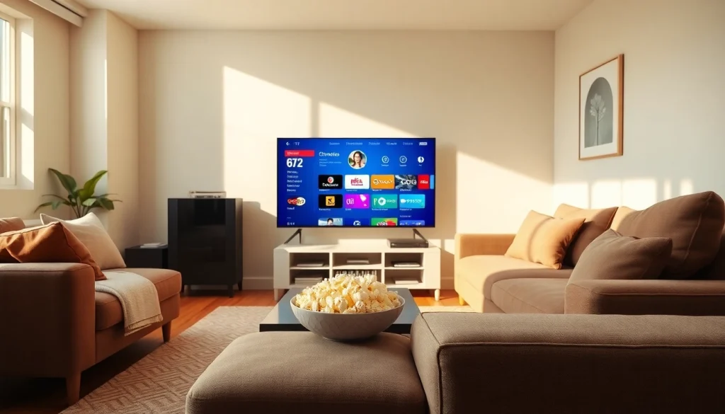 Enhance your viewing experience with an IPTV subscription showcased in a modern, cozy living room.