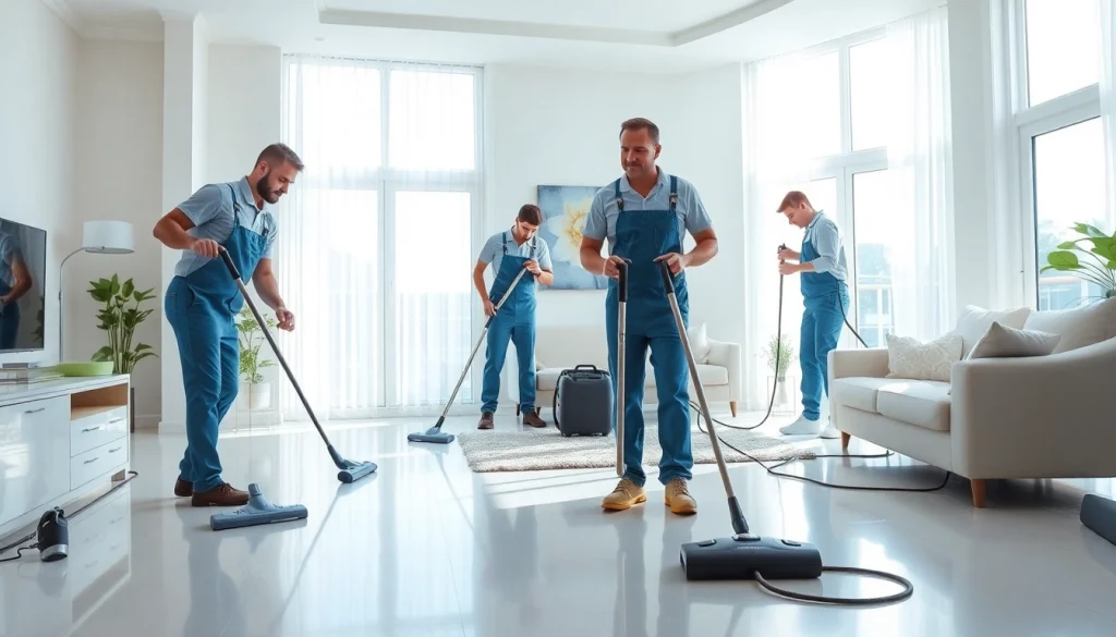 Bond cleaning Logan team efficiently cleaning a bright living room with modern tools.