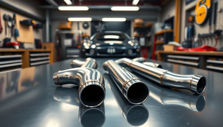 Enhance performance with polished b58 downpipes featured in a sleek automotive workspace.