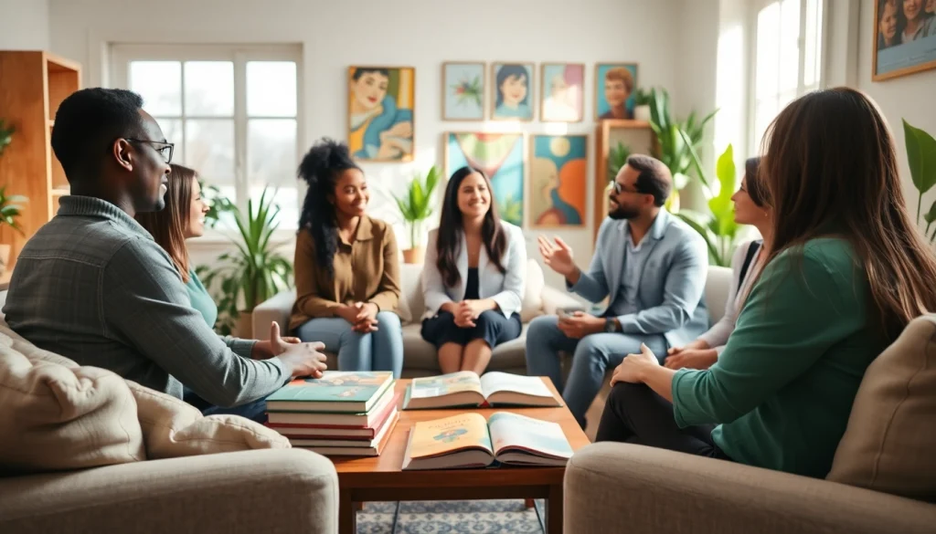 Counselling session in a diverse, inviting environment with a professional therapist engaging clients.