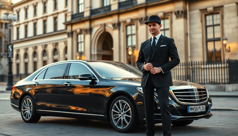 Promote luxury chauffeur service london with an elegant chauffeur standing beside a sleek black car.