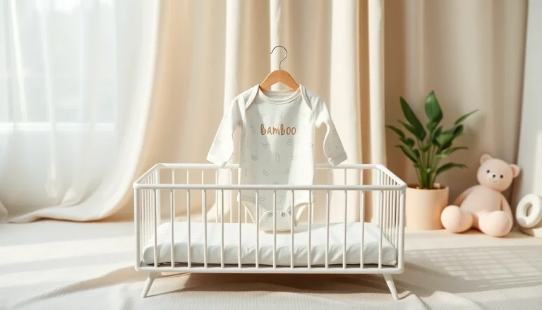Adorable bamboo baby clothes displayed in a cozy nursery setting with soft lighting.