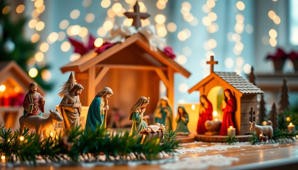 Admire exquisite nativity sets showcasing the Holy Family in warm holiday ambiance.