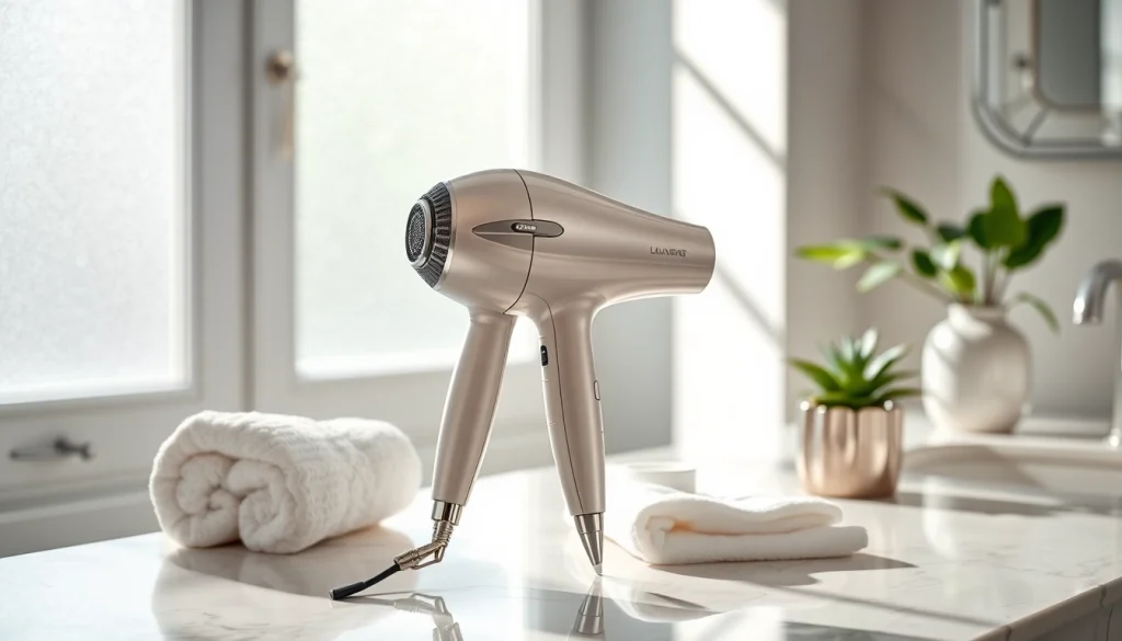 Showcase of a luxury hair dryer on a marble countertop in a light-filled bathroom.