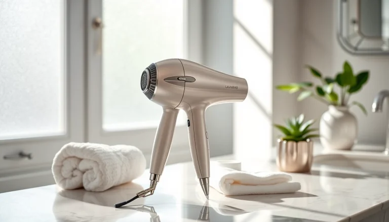 Showcase of a luxury hair dryer on a marble countertop in a light-filled bathroom.