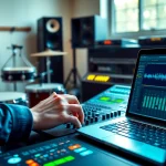 Capture high-energy production with Free Drum and Bass Sample in a creative studio setting featuring vibrant equipment.