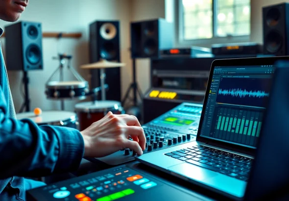 Capture high-energy production with Free Drum and Bass Sample in a creative studio setting featuring vibrant equipment.