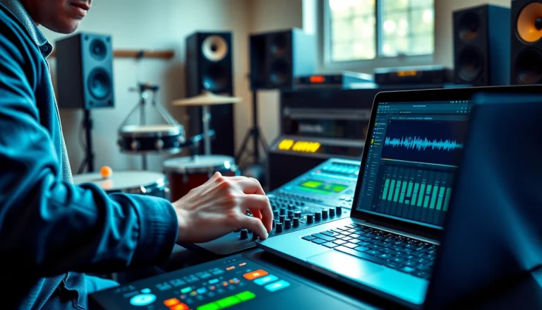 Capture high-energy production with Free Drum and Bass Sample in a creative studio setting featuring vibrant equipment.