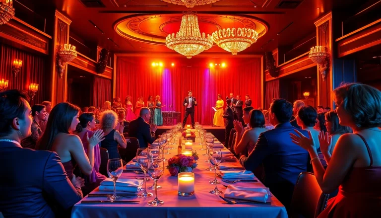 Guests enjoying a lively dinner theater las vegas performance in an elegantly decorated venue.
