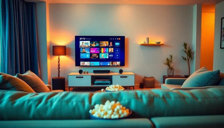 Comprar IPTV en un ambiente acogedor, disfrutando de canales vibrantes en una televisión grande.