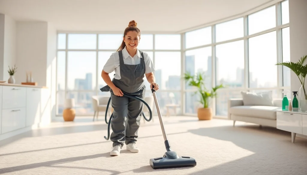Bond cleaning Brisbane expert making a carpet shine in a bright apartment.