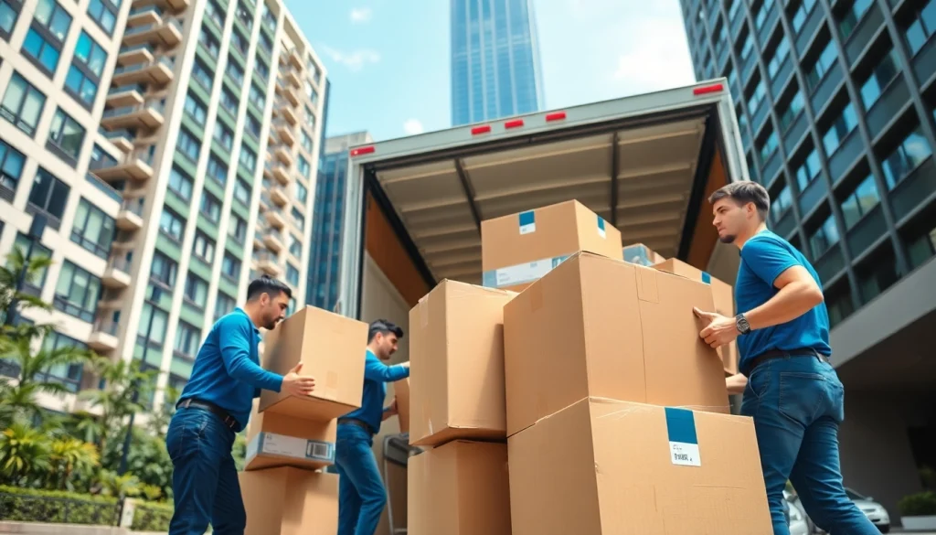 Efficient team of Cheap movers loading a truck with boxes in an urban setting.