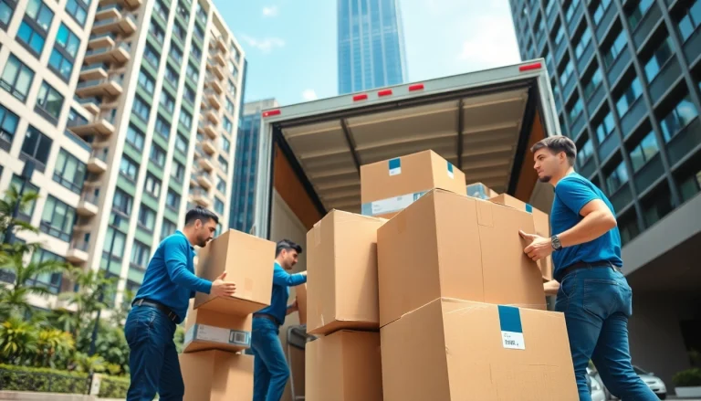 Efficient team of Cheap movers loading a truck with boxes in an urban setting.