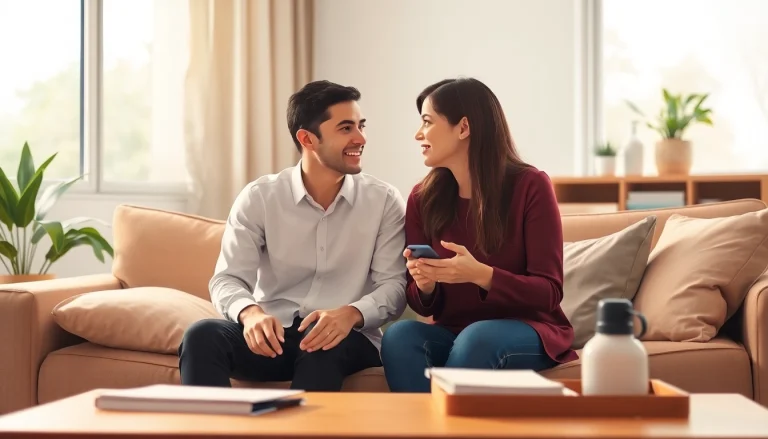 Couple practicing communication in relationships during a cozy conversation at home.