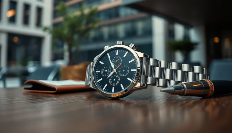 Herren Armbanduhr elegant präsentiert auf einem stilvollen Tisch mit luxuriösen Details.