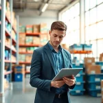 Engaged professional managing FBA wholesale inventory in a modern warehouse setup.
