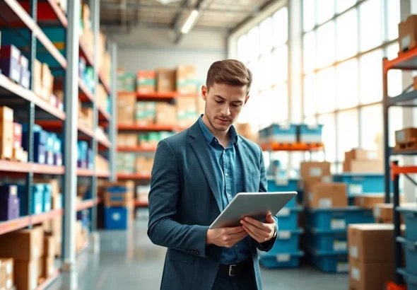 Engaged professional managing FBA wholesale inventory in a modern warehouse setup.
