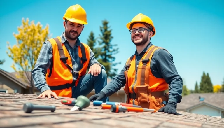Inspecting roofing in Vancouver Wa with a professional contractor amidst a bright neighborhood.