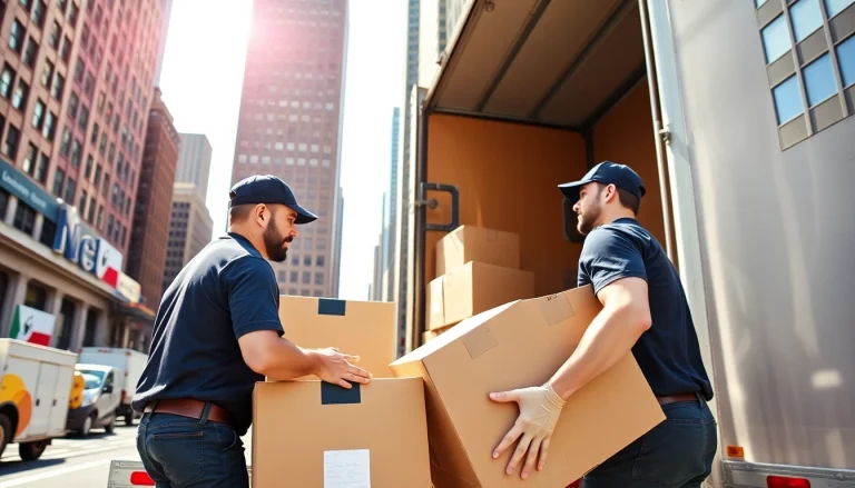 Movers from a moving company nyc efficiently packing items for transportation.