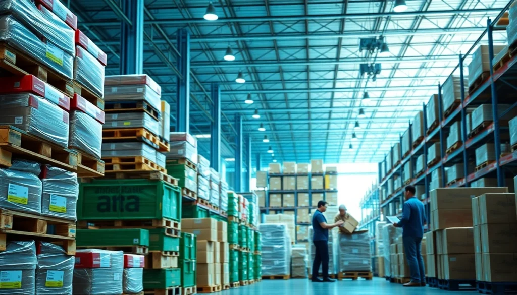 Showcasing an Amazon wholesale distribution center with staff packing products efficiently.