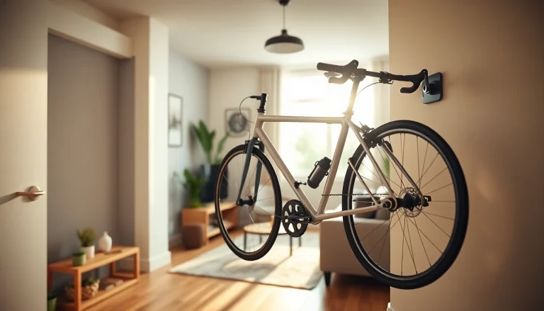 Creative Apartment bike storage system in a stylish apartment with modern decor and bright ambiance.