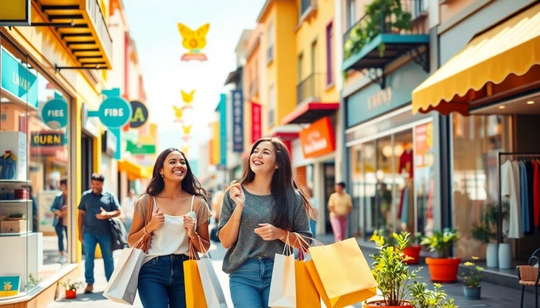 Find shopping near me with a vibrant local shopping district filled with happy shoppers.