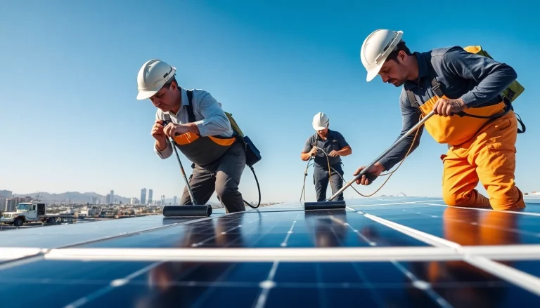 Technicians performing solar panel cleaning near me Phoenix with specialized equipment on a rooftop.