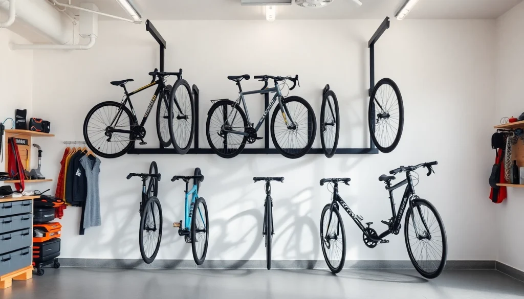 Showcase of a space-saving bike rack efficiently holding multiple bikes in a modern garage.