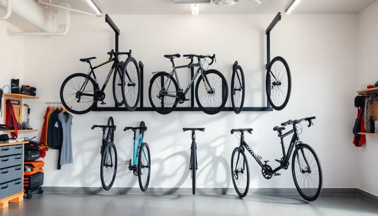 Showcase of a space-saving bike rack efficiently holding multiple bikes in a modern garage.