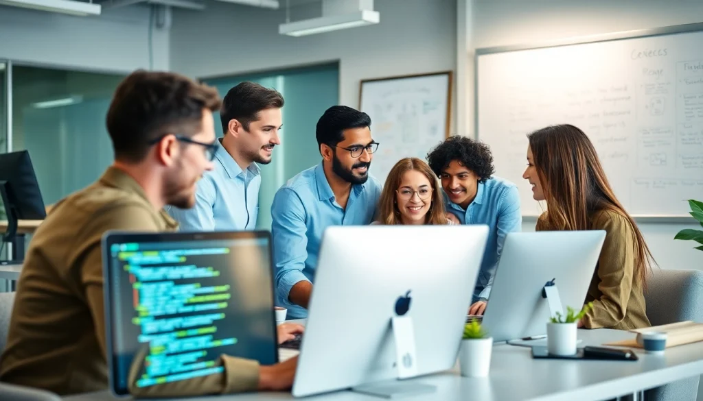 Dynamic software development team collaborating on projects in a modern workspace.