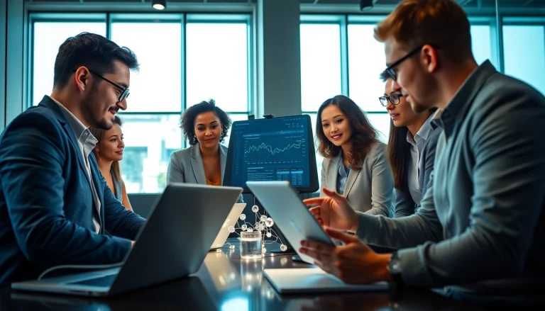 Technology Companies team collaborating in a bright office with digital analytics.